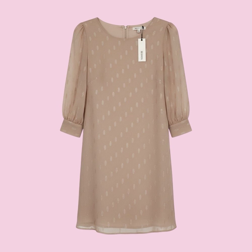 BB DAKOTA🎀Cream/Taupe A-Line Dress🎀Sheer Sleeve🎀Elegant Flow🎀NWT🎀SZ Small🎀Chic!